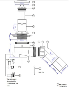 Preview: Duschwannensiphon mit 67 mm Bauhöhe und Restwasser-Zulauf. Technische Übersicht der Ablaufgarnitur und Anschlüsse für Bad- und Sanitär-Installation